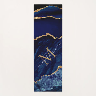Monogram Name Agate Navy Blue Gold Marble Yoga Mat