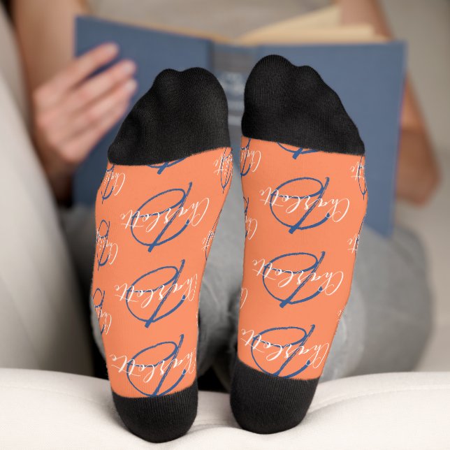 Monogram name and initial white peach blue socks (Bottom)