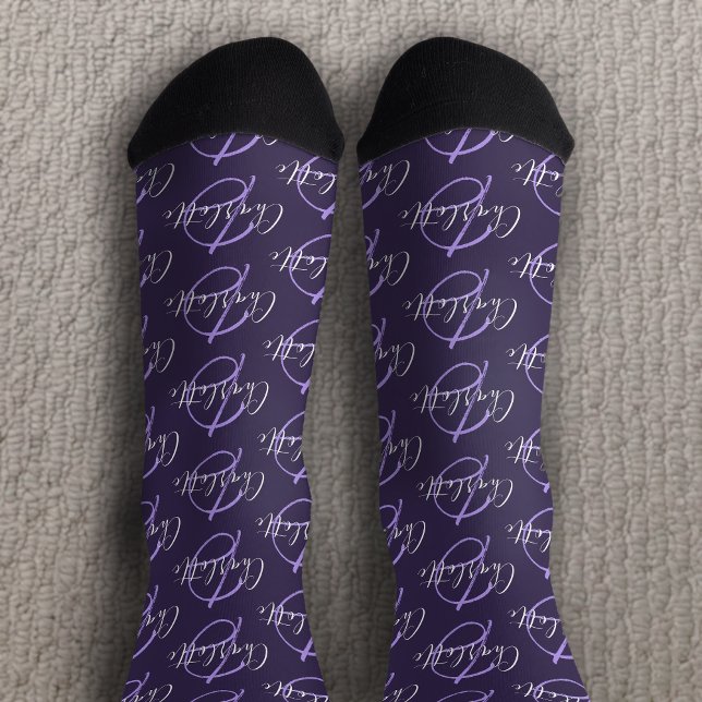 Monogram name and initial white purple socks (Creator Uploaded)