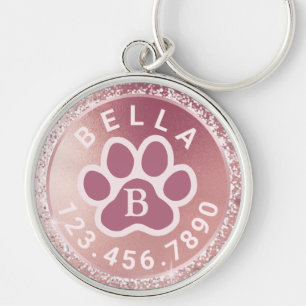 Monogram Name and Phone Rose Gold Round Pet Tag Key Ring
