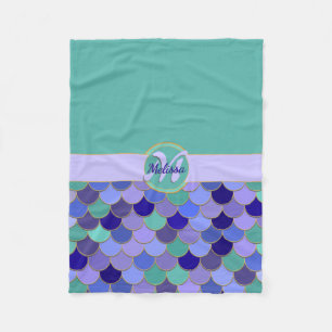 Monogram + Name   Aqua Teal & Colourful Mermaid Fleece Blanket