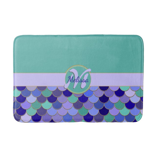 Monogram + Name | Aqua Teal & Purple Mermaid Bath Mat (Front)