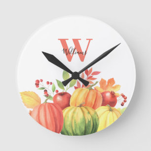 Monogram Name Autumn Pumpkin Round Clock