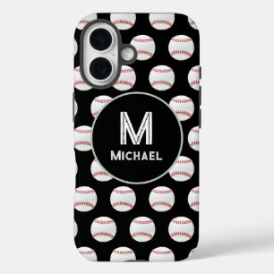 Monogram Name Baseball Seamless Pattern Black  iPhone 16 Case