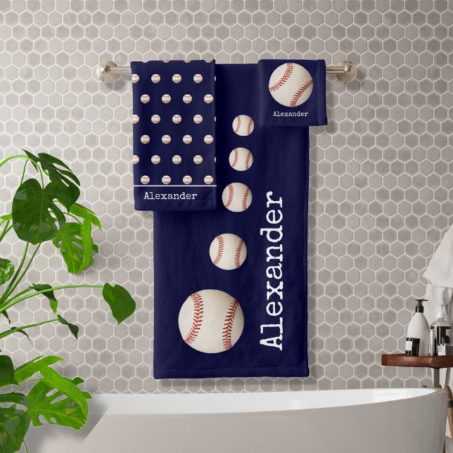 Monogram name baseball softball sports navy blue bath towel set (Creator Uploaded)