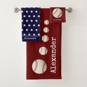 Monogram name baseball sport red white blue bath towel set