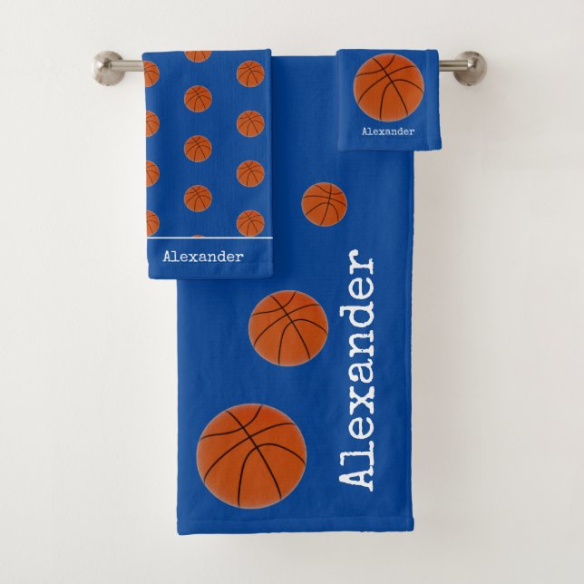 Monogram name Basketball orange on Blue Bath Towel Set (Insitu)