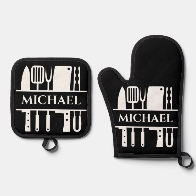Monogram Name BBQ Chef Cook Grilling Oven Mitt & Pot Holder Set (Front)