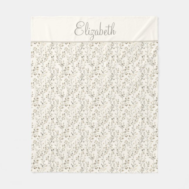 Monogram Name Beige Grey Brown Botanical Neutral  Fleece Blanket (Front)