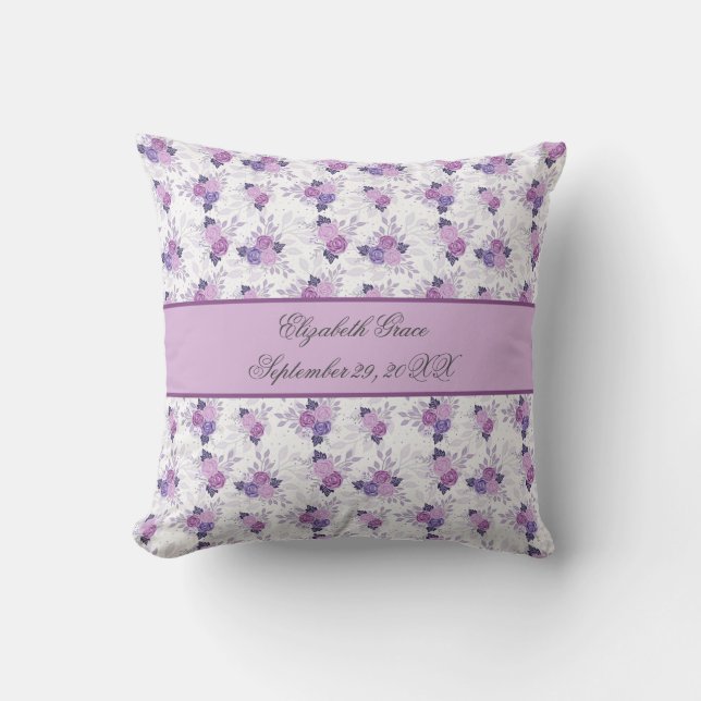 Monogram Name Birth Stats Purple Pink Floral Cushion (Front)