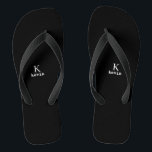 Monogram name black and white modern thongs<br><div class="desc">Man monogram and name create your own flip flops template in simple black and white. You can change background and text colours by selecting customise option.          It can be a special gift for a boyfriend,  husband,  son,  dad,  groom,  best man for a birthday,  wedding,  Christmas,  or graduation.</div>