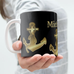 Monogram Name Black & Faux Gold Nautical Anchor Large Coffee Mug