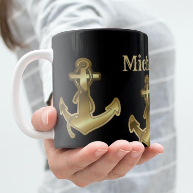 Monogram Name Black & Faux Gold Nautical Anchor Large Coffee Mug (Creator Uploaded)