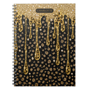 Monogram Name Black Gold Dripping Glitter Glam Notebook