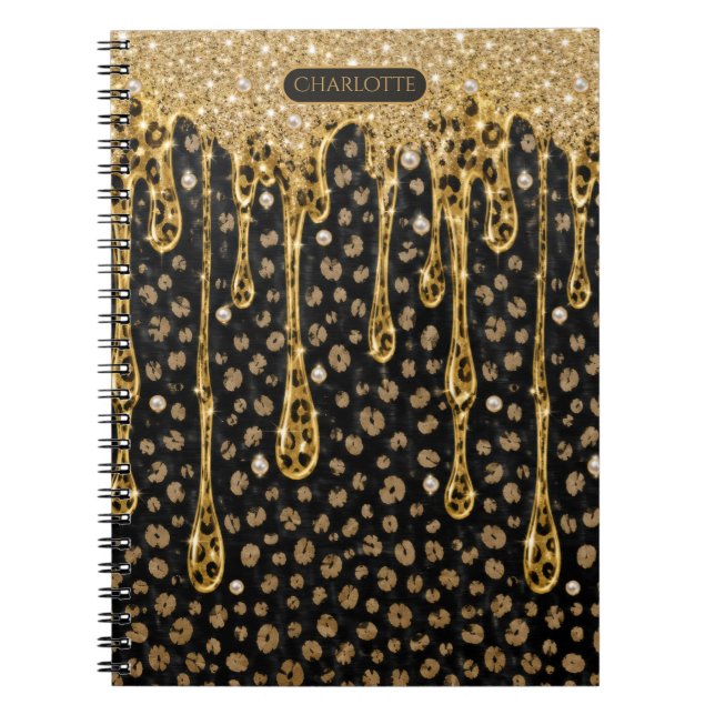 Monogram Name Black Gold Dripping Glitter Glam  Notebook (Front)