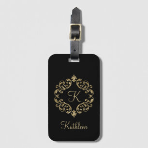 Monogram Name Black Gold Glitter Damask Flourish  Luggage Tag