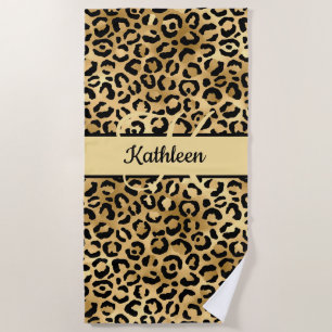 Monogram Name Black Gold Leopard Cheetah Print Beach Towel