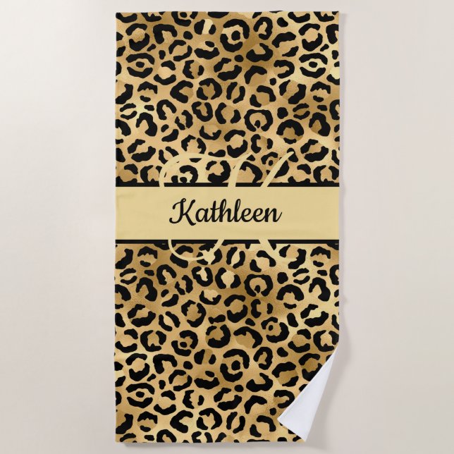 Monogram Name Black Gold Leopard Cheetah Print Beach Towel (Front)