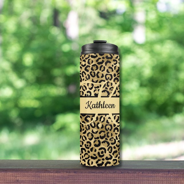 Monogram Name Black Gold Leopard Cheetah Print Thermal Tumbler (Black Gold Leopard print Cheetah print animal print monogrammed tumbler)