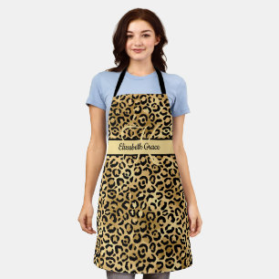Monogram Name Black Gold Leopard Print Cheetah Apron