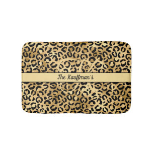 Monogram Name Black Gold Leopard Print Cheetah Bath Mat