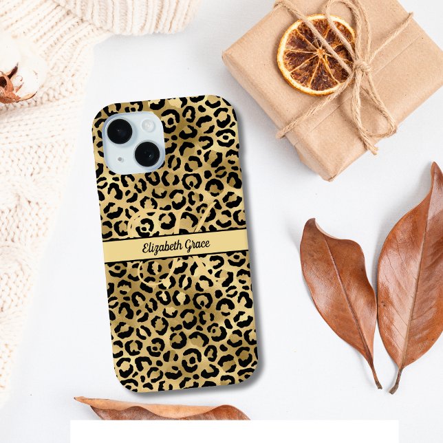 Monogram Name Black Gold Leopard Print Cheetah Case-Mate iPhone Case (Monogram Name Initial Gold Black Leopard Print, Cheetah Print, Animal Print iPhone case)