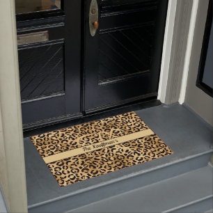 Monogram Name Black Gold Leopard Print Cheetah   Doormat