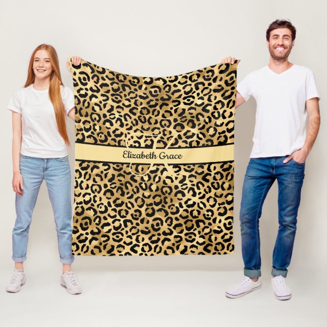 Monogram Name Black Gold Leopard Print Cheetah  Fleece Blanket (In Situ)