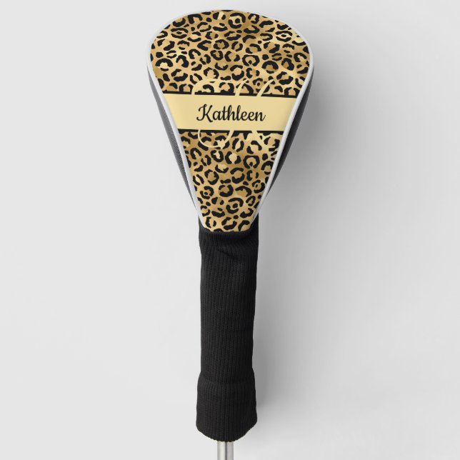 Monogram Name Black Gold Leopard Print Cheetah Golf Head Cover (Front)
