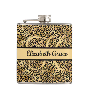 Monogram Name Black Gold Leopard Print Cheetah Hip Flask