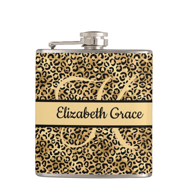 Monogram Name Black Gold Leopard Print Cheetah Hip Flask (Front)