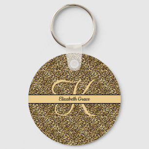 Monogram Name Black Gold Leopard Print Cheetah  Key Ring