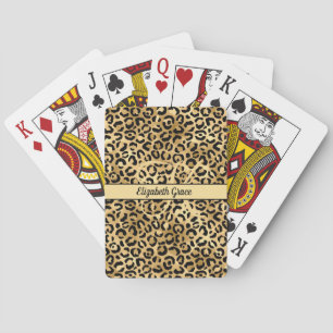Monogram Name Black Gold Leopard Print Cheetah  Playing Cards