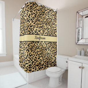 Monogram Name Black Gold Leopard Print Cheetah  Shower Curtain
