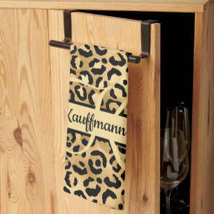 Monogram Name Black Gold Leopard Print Cheetah Tea Towel