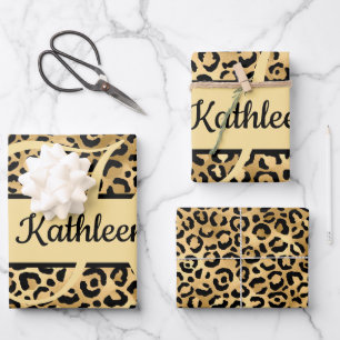 Monogram Name Black Gold Leopard Print Cheetah  Wrapping Paper Sheet