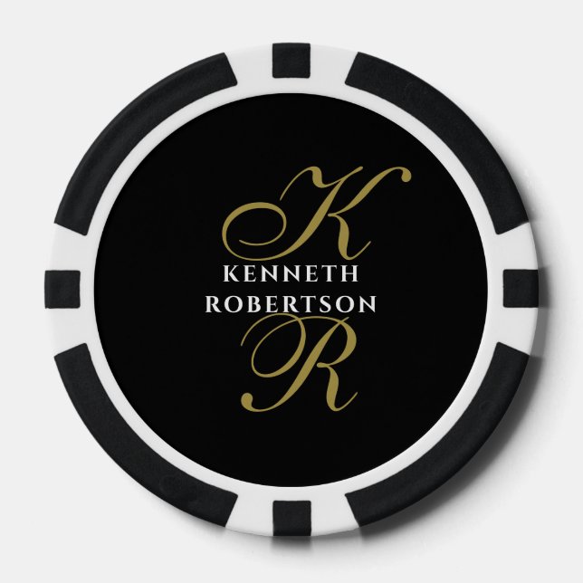 Monogram Name Black Gold Script Initials Men  Poker Chips (Front)