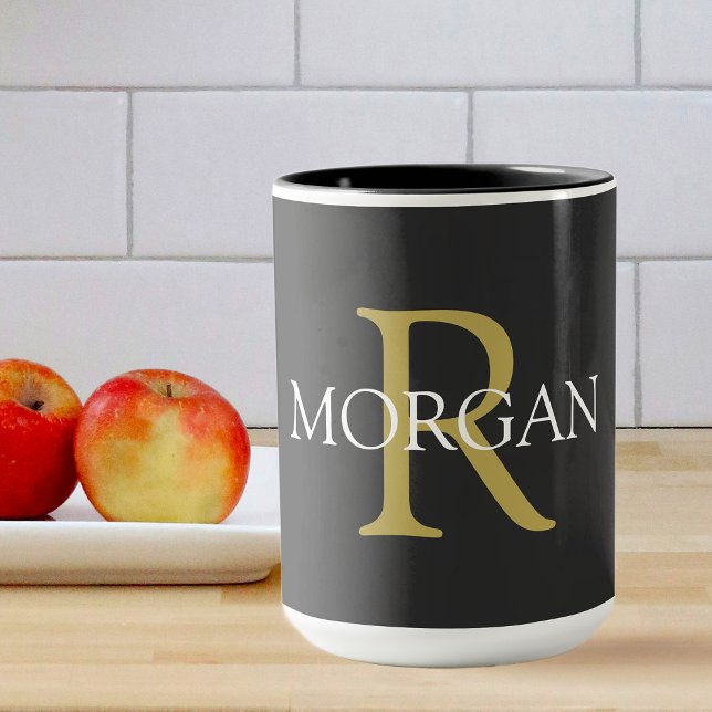 Monogram & Name, Black, Gold & White Text Mug (Creator Uploaded)