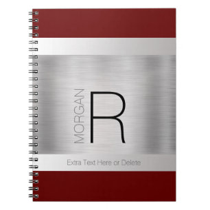 Monogram & Name Black Grey Deep Red Brushed Silver Notebook