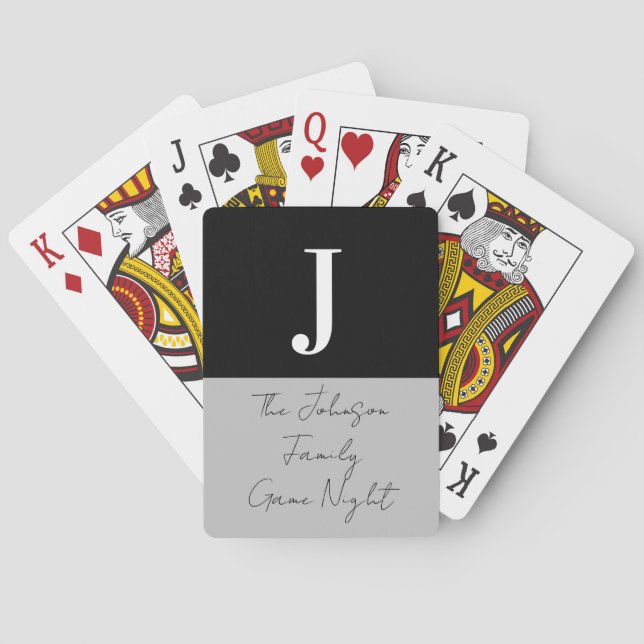 Monogram Name Black Grey Family Game Night Playing Cards (Back)