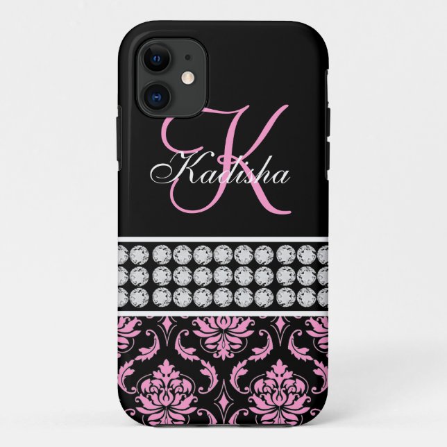 Monogram Name Black Pink Damask iPhone 5 Case (Back)