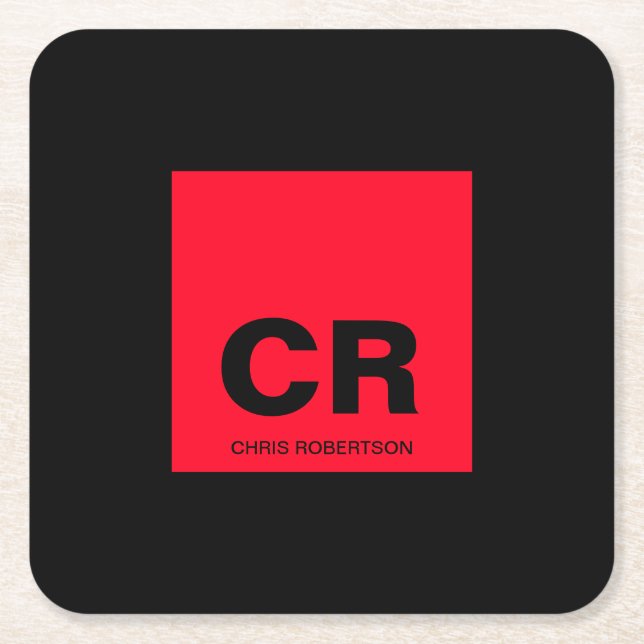 Monogram Name Black Red Create Custom Gift Square Paper Coaster (Front)