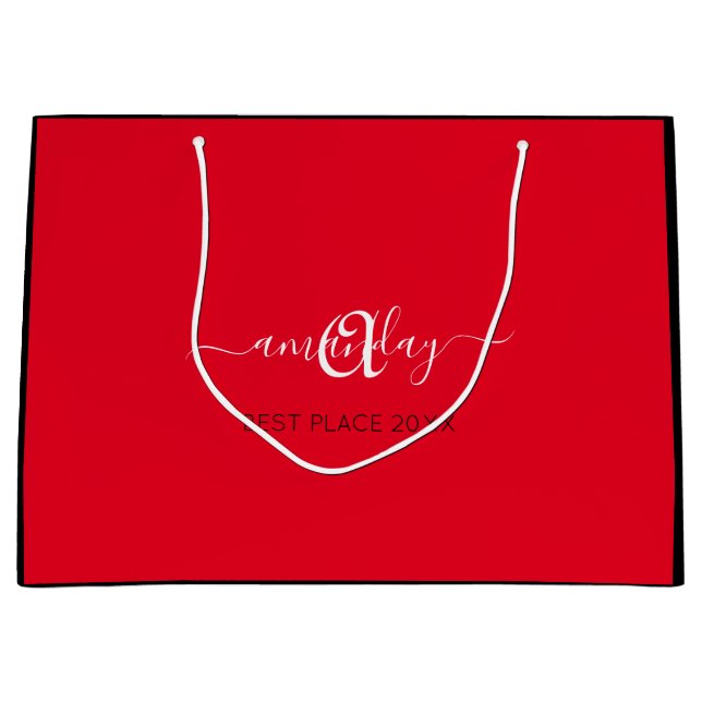 Monogram Name Black Red Shop Gold Wedding Large Gift Bag (Front)