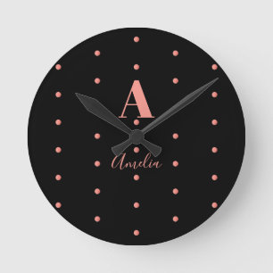 Monogram Name Black Rose Gold Polka Dots Round Clock