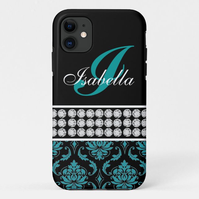 Monogram Name Black Turquoise Damask iPhone 5 Case (Back)