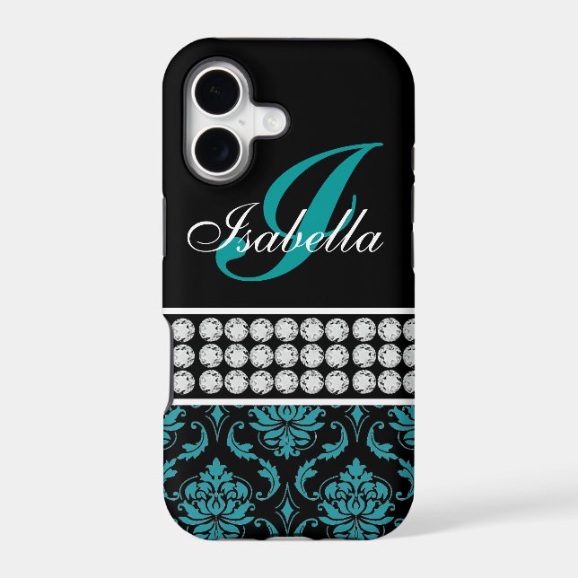 Monogram Name Black Turquoise Damask iPhone 5 Case (Back)