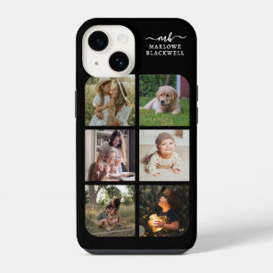 Monogram Name Black White 6 Photo Collage iPhone 14 Case