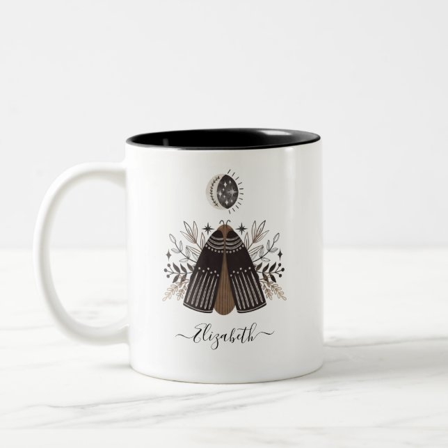 Monogram Name Black White Butterfly Two-Tone Coffee Mug (Left)