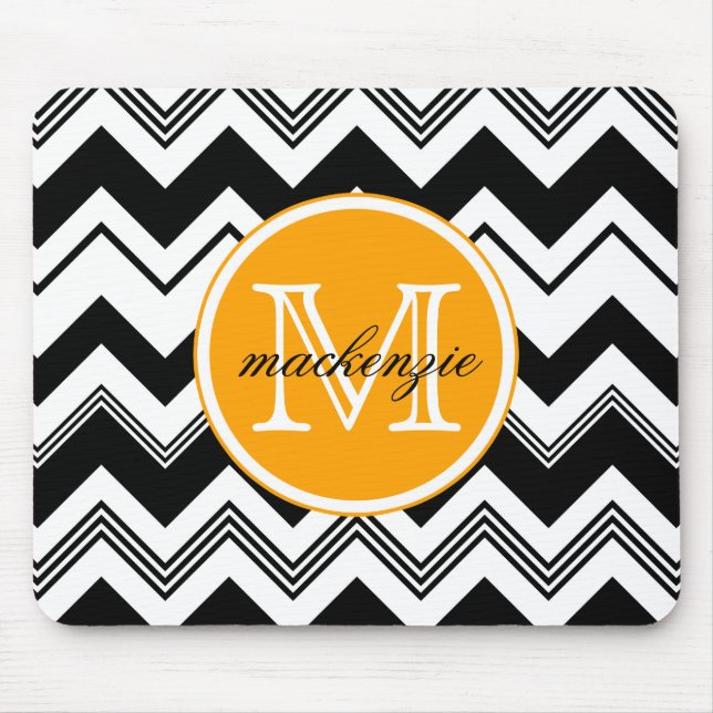 Monogram Name Black White Chevron Pattern Mouse Pad (Front)