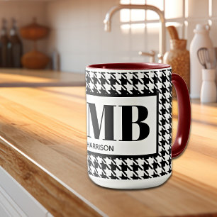 Monogram-Name Black & White Houndstooth 15oz Combo Mug